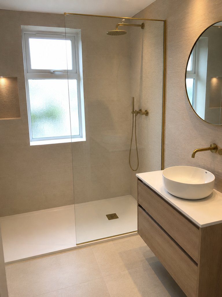 Modern grey bathroom with walk-in shower installed by Yorkshire Green Heating in Doncaster