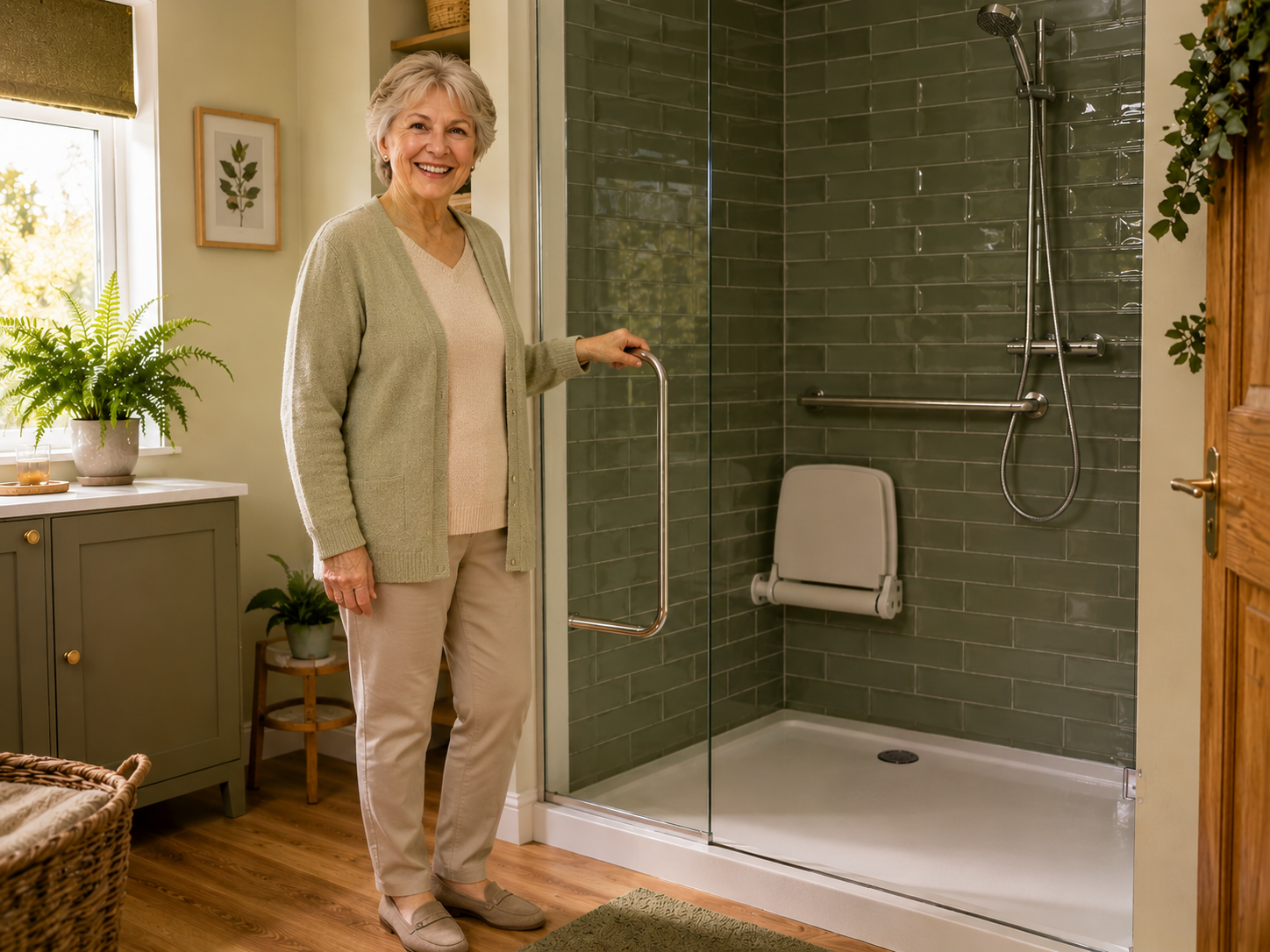A smiling older woman comfortable beside her new walk-in shower in a bright Doncaster bathroom