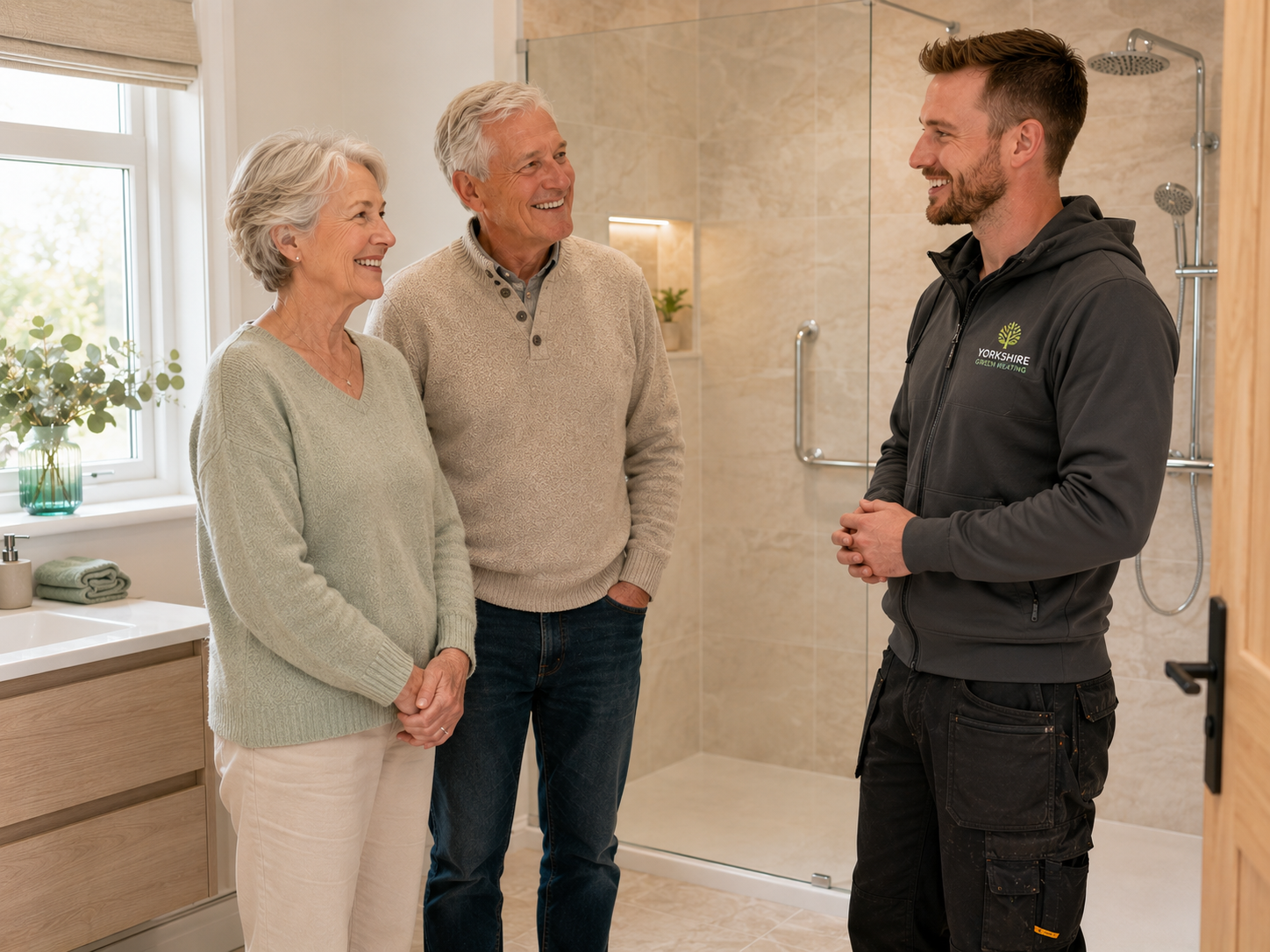 Yorkshire Green Heating engineer with a happy older couple in their finished new bathroom with walk-in shower